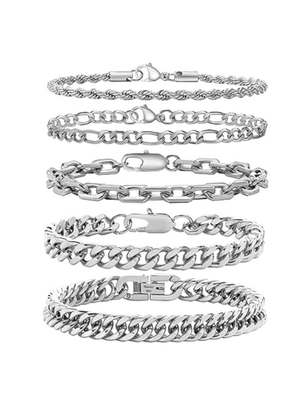 5Pcs Men's Chain Bracelet Sturdy Stainless Steel Curb Width Set